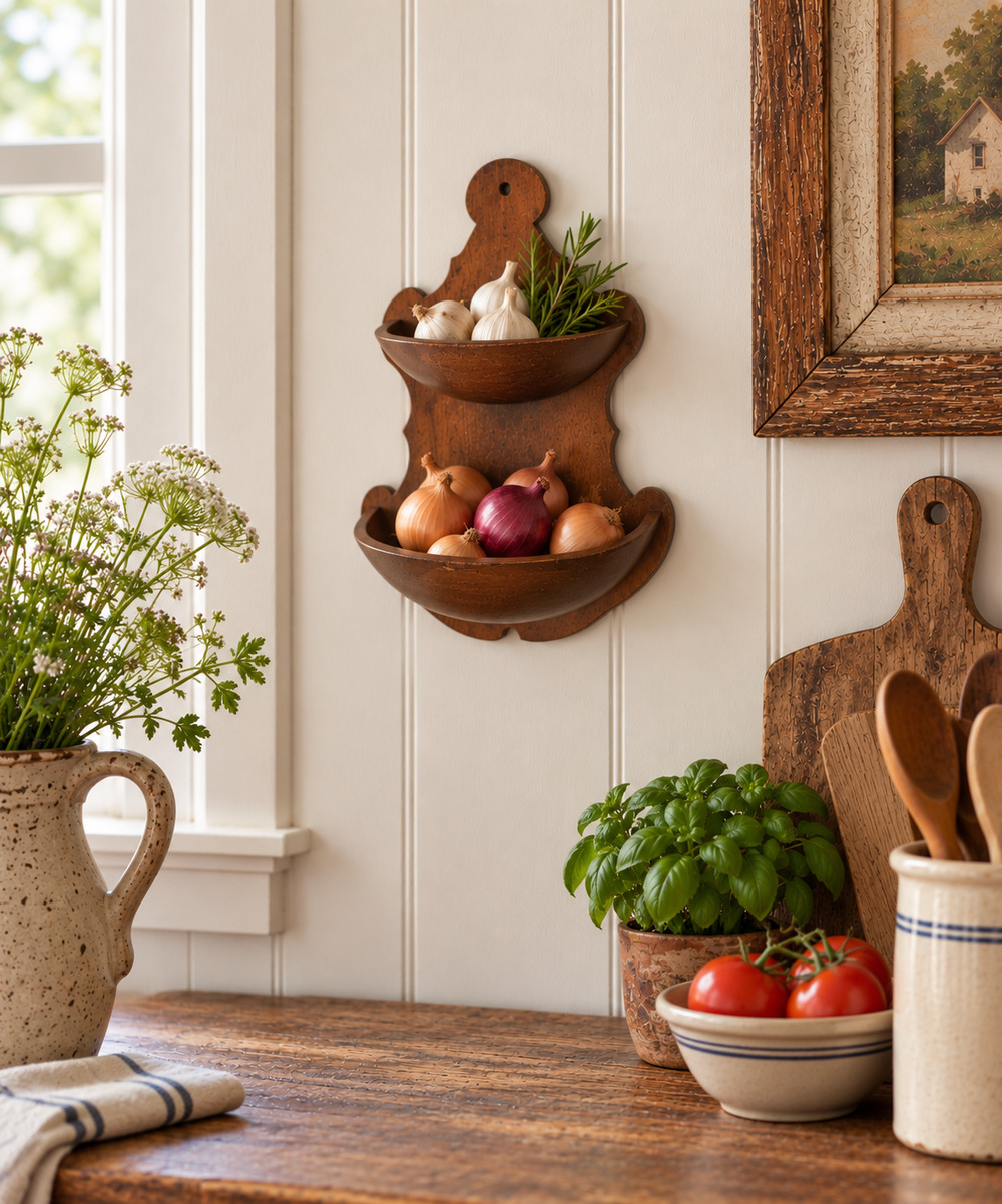 Vintage 2 tier Half Bowls Wall Shelf Country Farmhouse Rustic Colonial